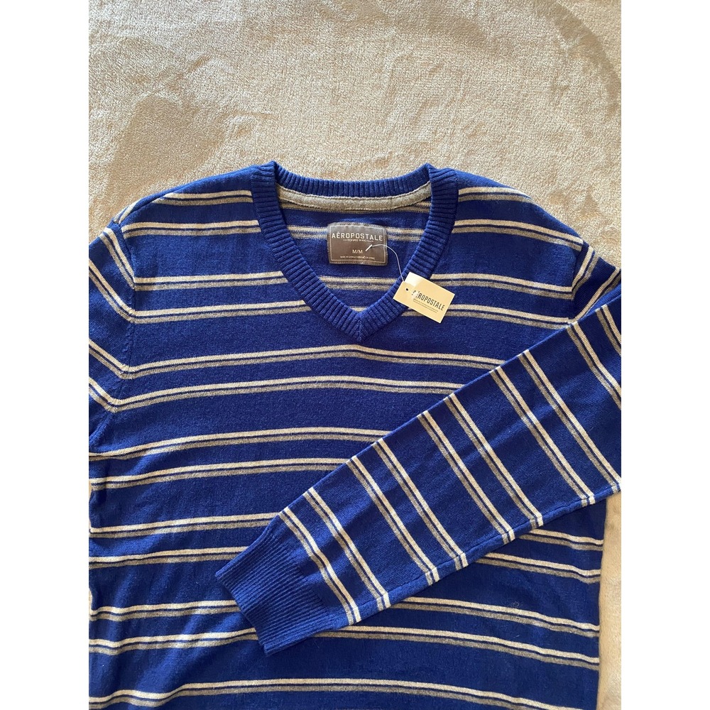 Aeropostale‎ Sweater Mens Medium Blue Gray Striped V Neck Wool Blend A87 New